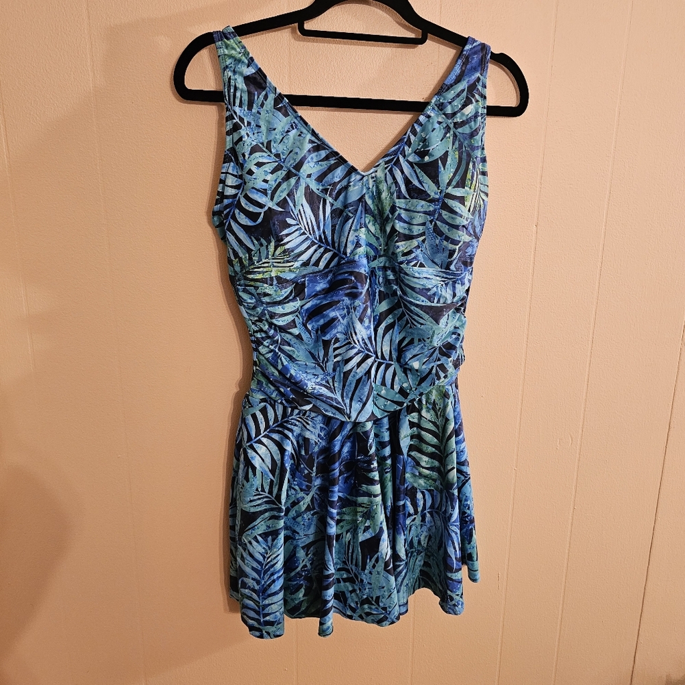 Yonique Blue and Green Floral XL Swim Dress Skirted Swim Suit